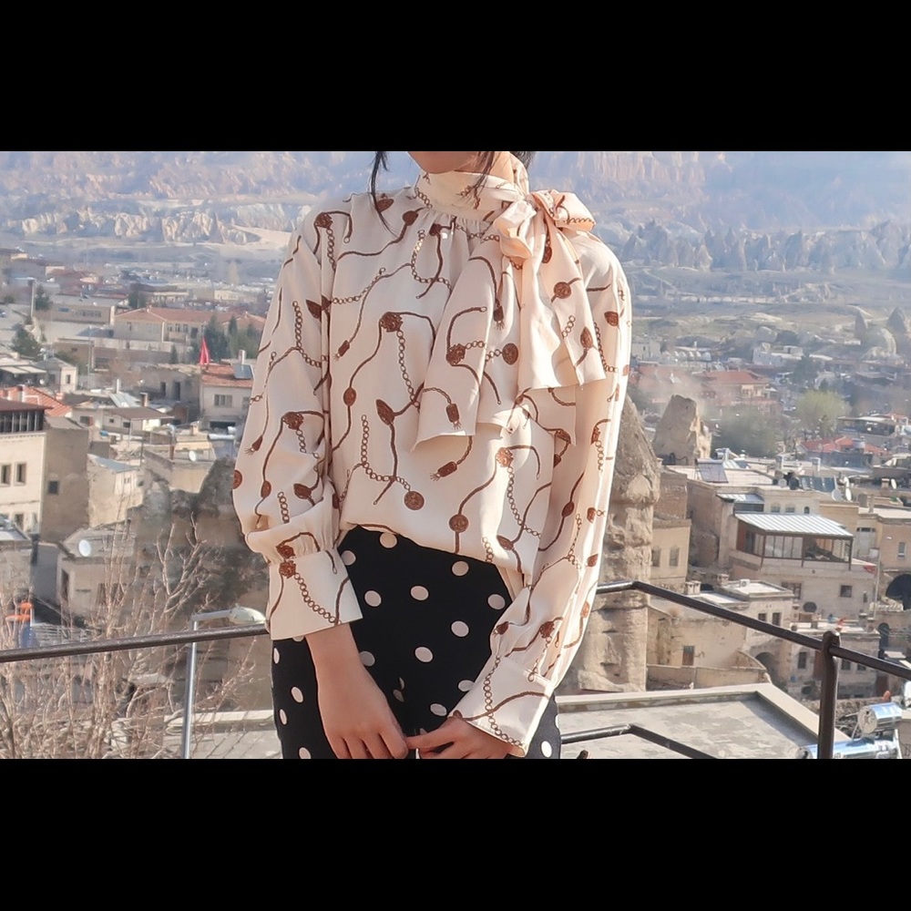 Vintage Printed Blouse with Scarf